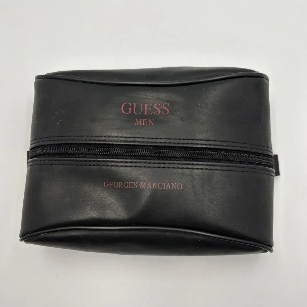 Vintage GUESS Men Georges Marciano Black Sponge Leather Toiletry Travel Bag-EUC